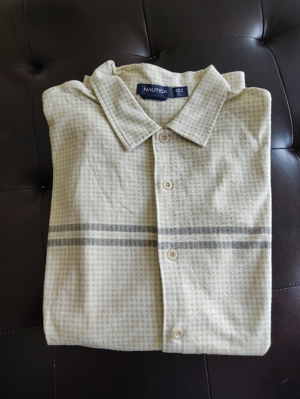 Nautica Light Beige Button-Down Textured Polo Shirt with Grey Stripes Size XL